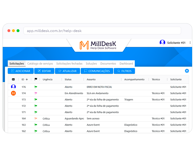 Lista de solicitacoes do sistema de help desk Milldesk com ID, urgencia, status, tecnico e solicitante