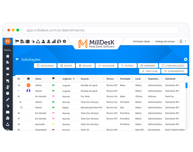 Tela de atendimento e gestao de solicitacoes no Milldesk com status, urgencia, prioridade e departamento