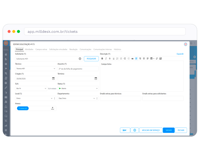 Tela de edicao de ticket/solicitacao no sistema de tickets Milldesk com tecnico, SLA, status e descricao