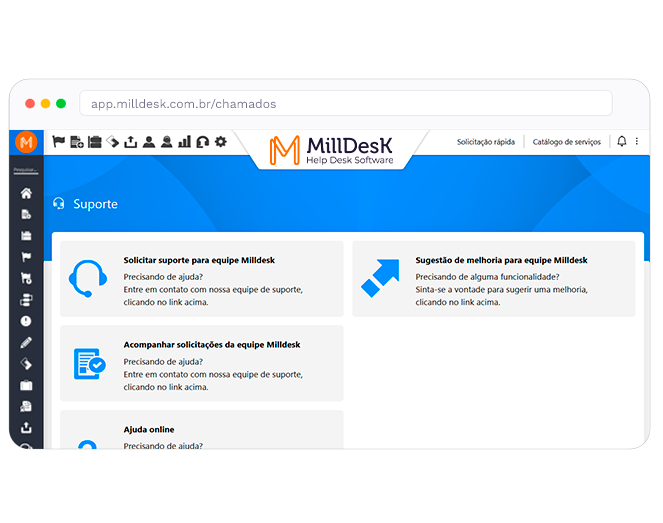 Tela de suporte e abertura de chamados no Milldesk com opcoes de solicitar suporte e acompanhar chamados