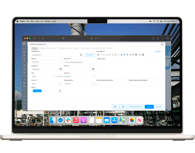 Tela do Milldesk para usinas e grandes obras