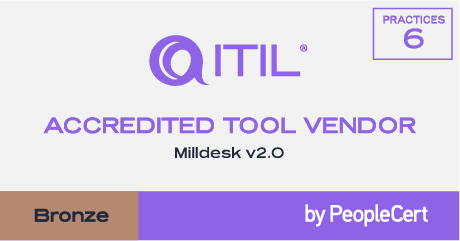 Selo oficial ITIL® Accredited Tool Vendor — Milldesk v2.0, nível Bronze, 6 práticas certificadas, emitido pela PeopleCert