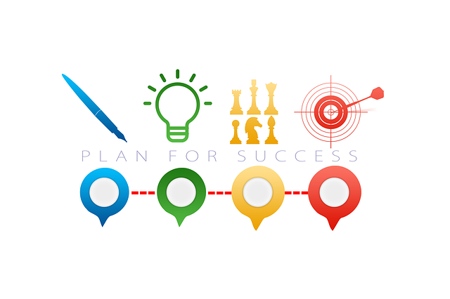 Ilustração contendo alguns ícones: caneta, lâmpada, peças de xadrez, alvo, abaixo símbolos de geolocalizaçã e entre eles a palavra: plan for success.