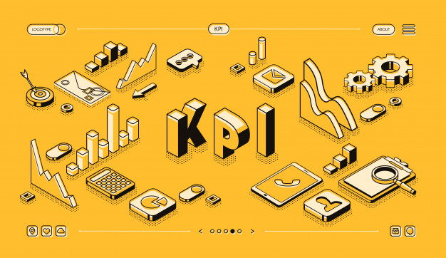 Ilustração com a palavra KPI rodeada ícones de gráficos, alvos, engrenagens.