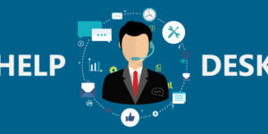 Ilustração de agente de suporte usando um headphone cercado de símbolos como: ferramentas, like, relógio, balão de fala.