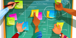 Ilustração de mãos de pessoas em um quadro de metodologia ágil.