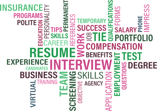 Imagem com fundo branco e várias palavras em inglês como: Resume, Interview, benefits, etc.