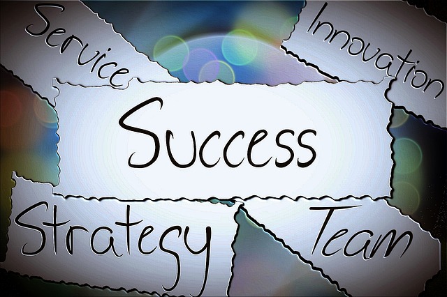 Imagem com as palavras: service, innovation, strategy,team e success ao centro. Customer Success x Avanço dos Negócios!