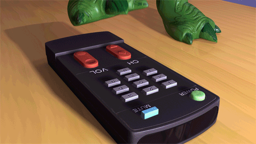 Gif dinossauro do Toy Stories pisando no controle de TV. Sobre acesso remoto.