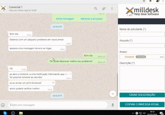 Gif da integração Milldesk com Whatsapp. Recursos par resolver problemas do suporte de TI. 