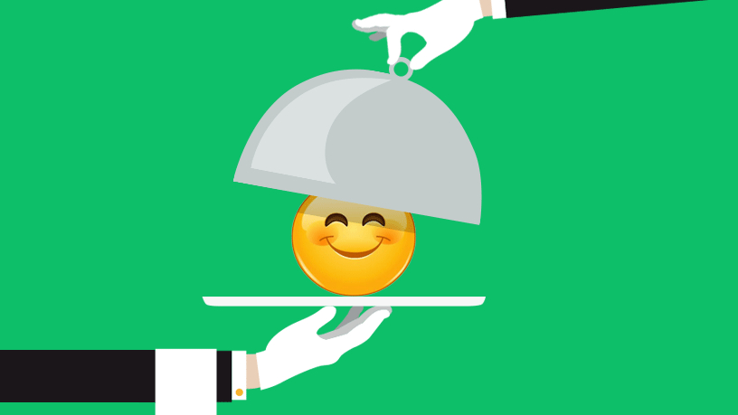 Ilustração emoji satisfeito sendo servido em uma bandeja. Gestão de demandas de TI Milldesk.