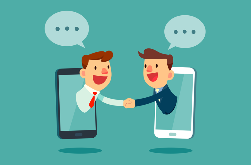 Ilustração de dois homens saindo de celulares e se cumprimentando. Estratégias para o Ecommerce.