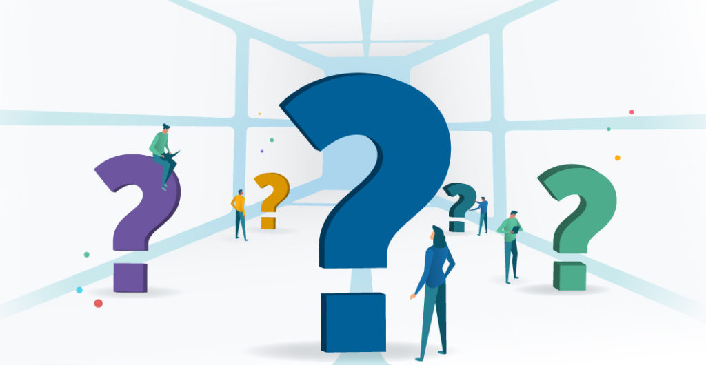 Ilustração pessoas e pontos de interrogação. O que é um FAQ? Milldesk.