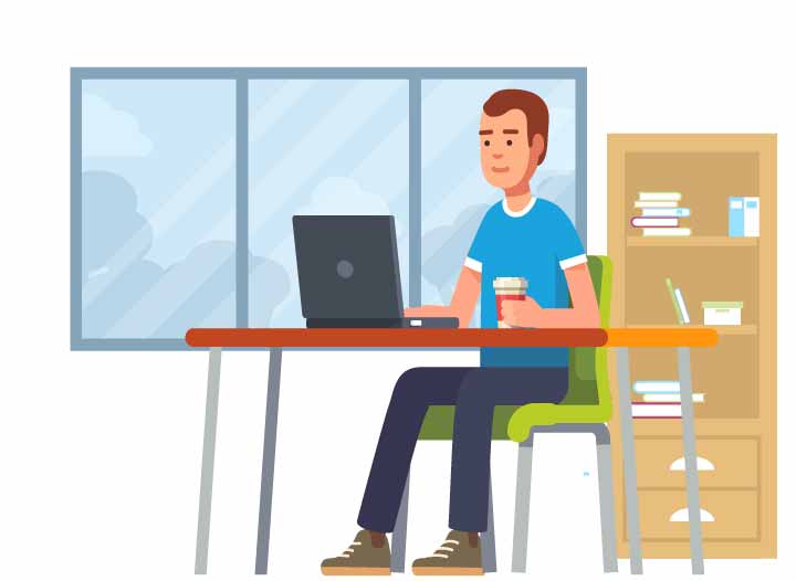 Ilustração homem tomando café no Home Office.