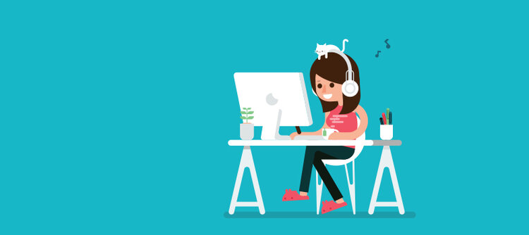 Ilustração menina com gato na cabeça em frente ao computador.