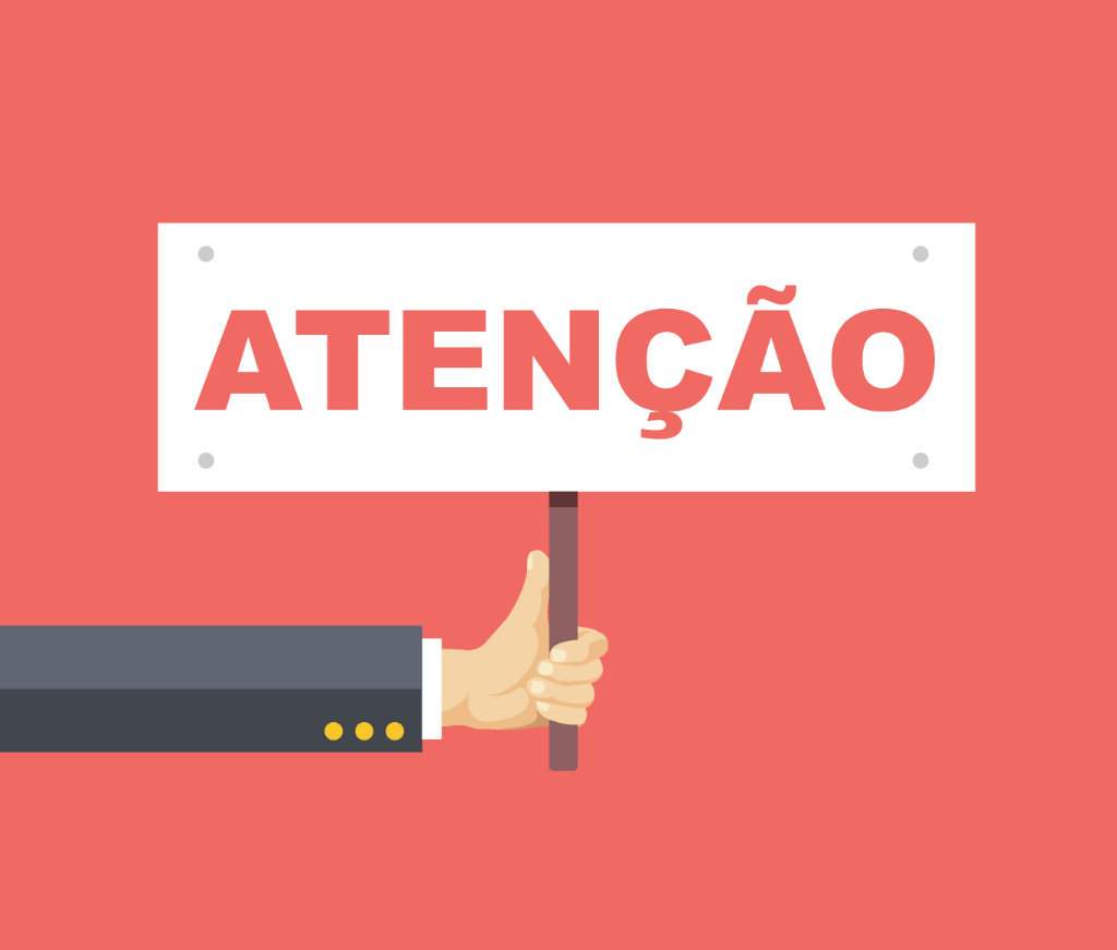 Ilustração mão de homem segurando placa de atenção, suporte ao cliente via email.