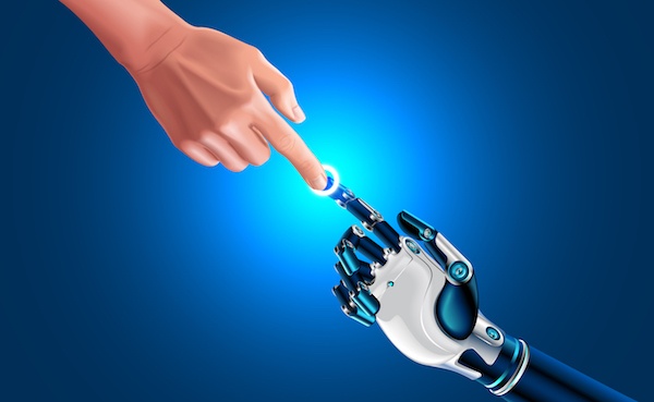 Mão humana e mão de robô se tocando. 